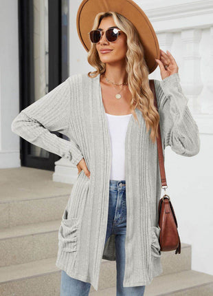 Pocketed Open Front Long Sleeve Cardigan - MimiStylez