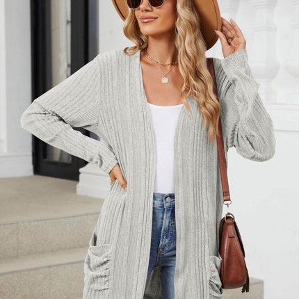 Pocketed Open Front Long Sleeve Cardigan - MimiStylez