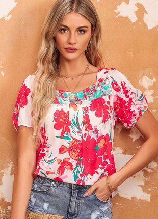 Floral Tie Back Square Neck Blouse - MimiStylez
