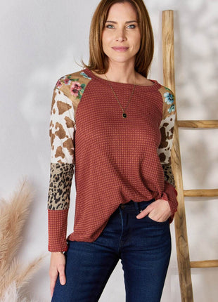 Hailey & Co Full Size Leopard Waffle-Knit Blouse - MimiStylez