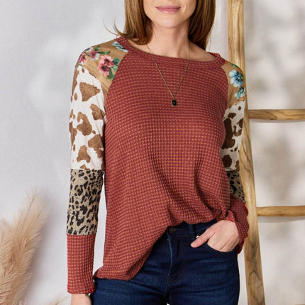 Hailey & Co Full Size Leopard Waffle-Knit Blouse - MimiStylez