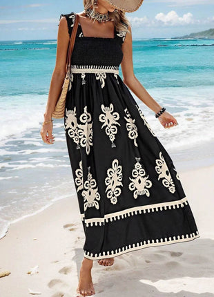 Smocked Printed Wide Strap Maxi Dress - MimiStylez