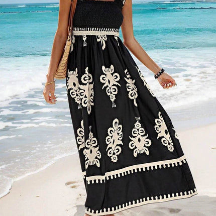 Smocked Printed Wide Strap Maxi Dress - MimiStylez