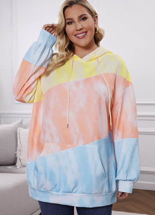 Plus Size Drawstring Color Block Dropped Shoulder Hoodie - MimiStylez