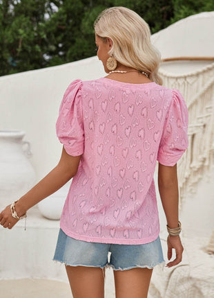 Twisted Heart V-Neck Short Sleeve Blouse - MimiStylez