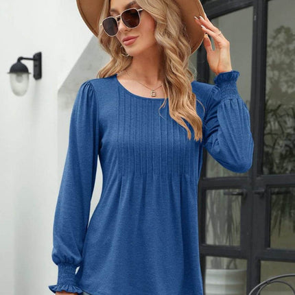 Smocked Round Neck Lantern Sleeve Blouse - MimiStylez