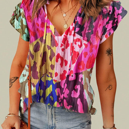 Ruffled Printed Tie Neck Cap Sleeve Blouse - MimiStylez