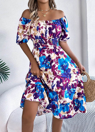 Ruffled Hem Smocked Floral Short Sleeve Midi Dress - MimiStylez