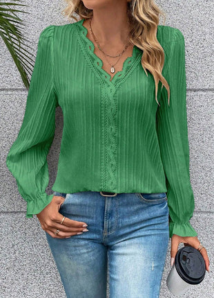 V-Neck Lace Detail Flounce Sleeve Blouse - MimiStylez