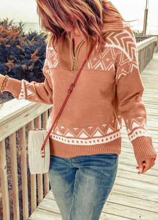 Zip-Up Mock Neck Dropped Shoulder Pullover Sweater - MimiStylez