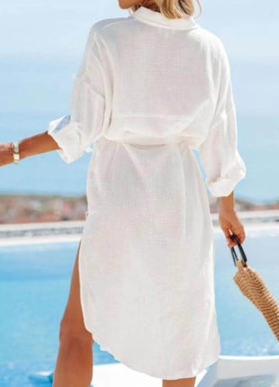 Button Down Tie Waist Shirt Dress - MimiStylez