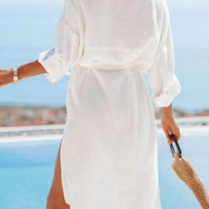 Button Down Tie Waist Shirt Dress - MimiStylez