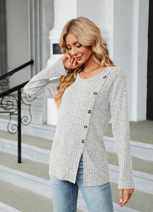 Buttoned Long Sleeve Slit Top - MimiStylez