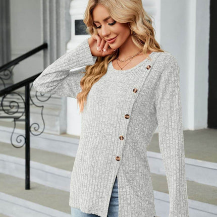Buttoned Long Sleeve Slit Top - MimiStylez