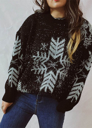 Snowflake Pattern Long Sleeve Sweater - MimiStylez
