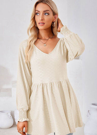 V-Neck Lantern Sleeve Blouse - MimiStylez