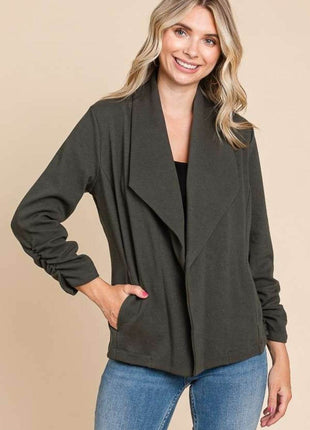 Culture Code Full Size Ruched Open Front Long Sleeve Jacket - MimiStylez