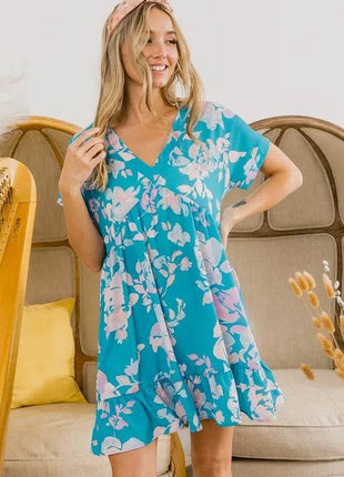 BiBi Floral Crinkle Shirred Ruffle Detail V Neck Dress - MimiStylez