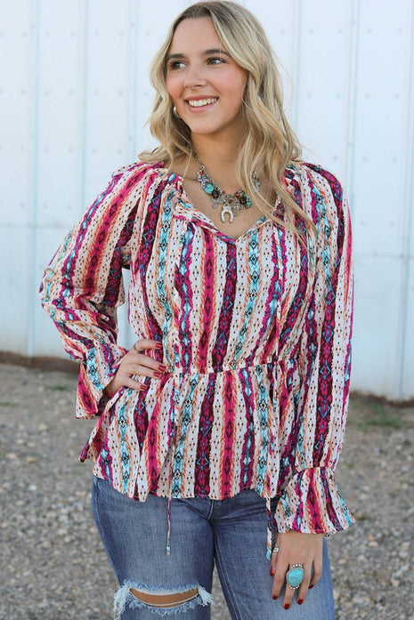 Multicolour Western Print Split Neck Peplum Blouse - MimiStylez