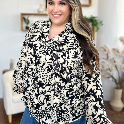 Double Take Full Size Printed Ruffle Trim Balloon Sleeve Shirt - MimiStylez
