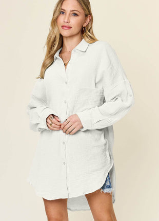 Double Take Full Size Pocketed Texture Button Up Shirt - MimiStylez