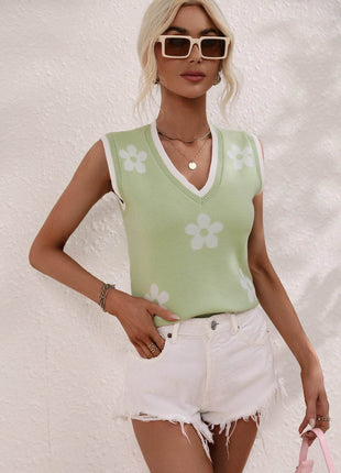 Floral Contrast Ribbed Trim Sweater Vest - MimiStylez