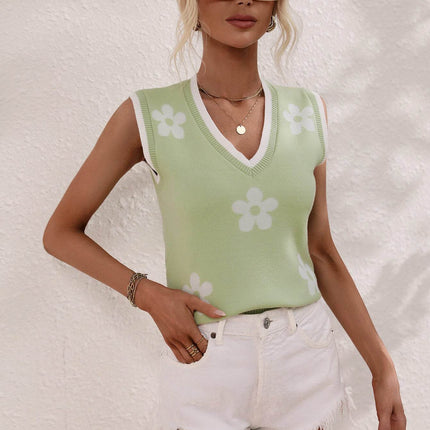 Floral Contrast Ribbed Trim Sweater Vest - MimiStylez