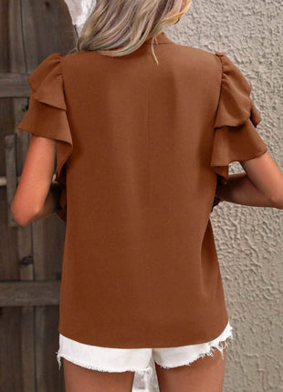 Ruffled Notched Short Sleeve Blouse - MimiStylez