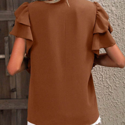 Ruffled Notched Short Sleeve Blouse - MimiStylez