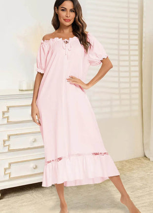 Lace Detail Short Sleeve Lounge Dress - MimiStylez