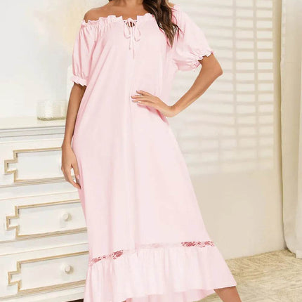 Lace Detail Short Sleeve Lounge Dress - MimiStylez