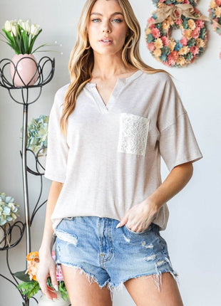 Heimish Full Size Lace Front Pocket Drop Shoulder Top - MimiStylez