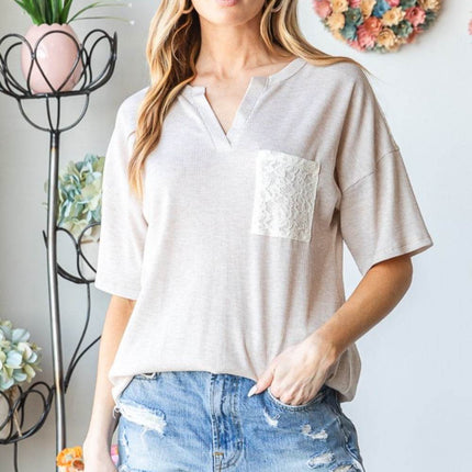 Heimish Full Size Lace Front Pocket Drop Shoulder Top - MimiStylez