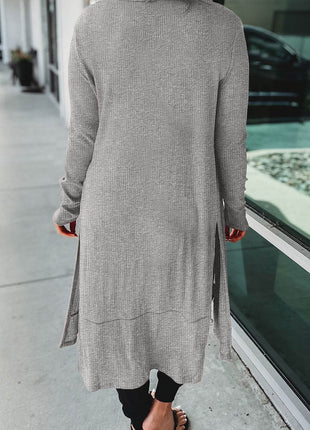 Button Up High-Low Long Sleeve Slit Cardigan - MimiStylez