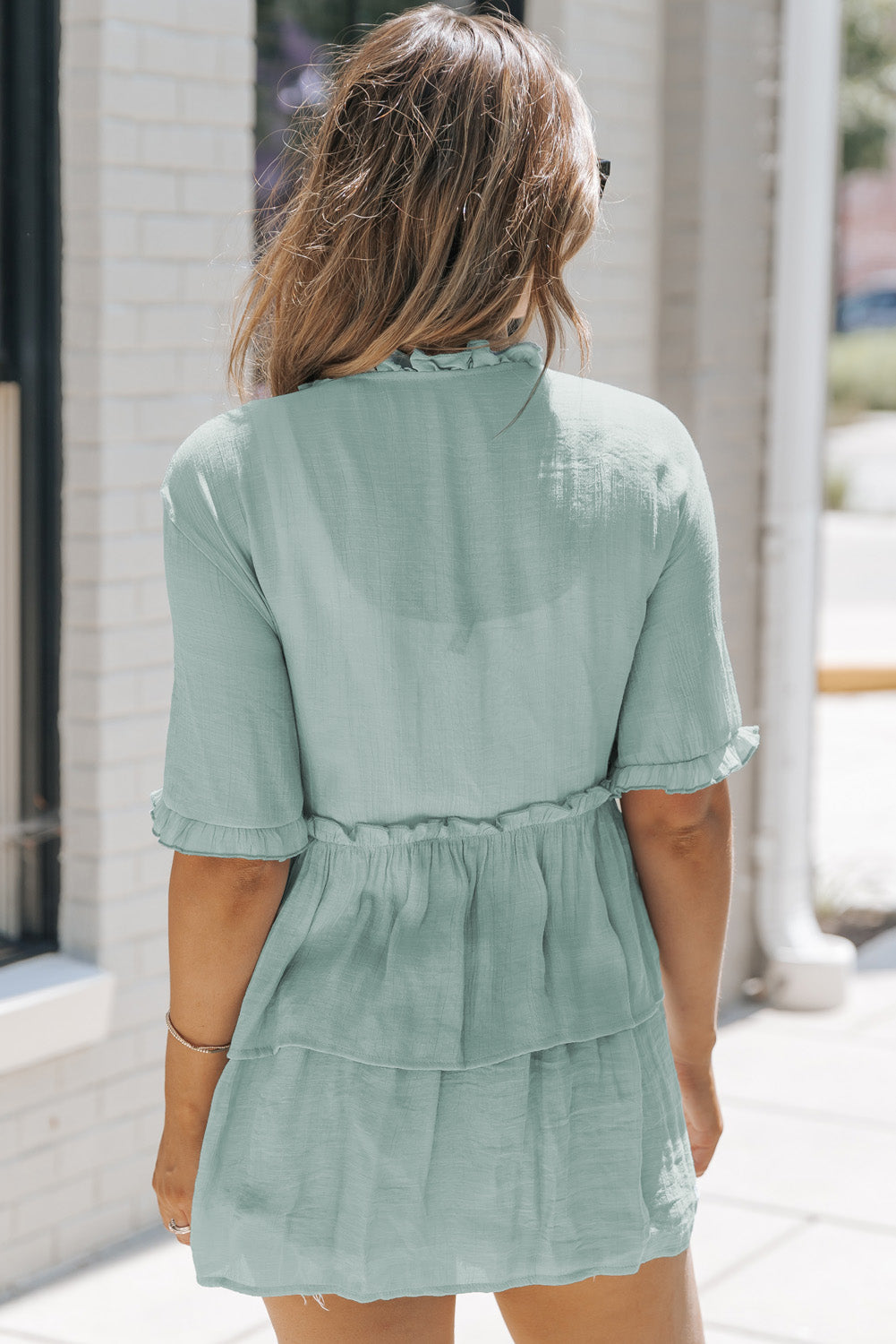 Pink Ruffled Trim Half Sleeve Open Front Kimono