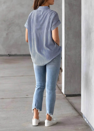 Full Size Striped Button-Up Casual Shirt with Pocket Plus Size - MimiStylez