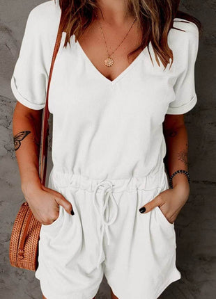 Full Size Drawstring V-Neck Short Sleeve Romper - MimiStylez