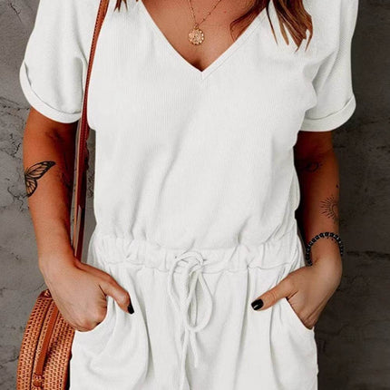 Full Size Drawstring V-Neck Short Sleeve Romper - MimiStylez