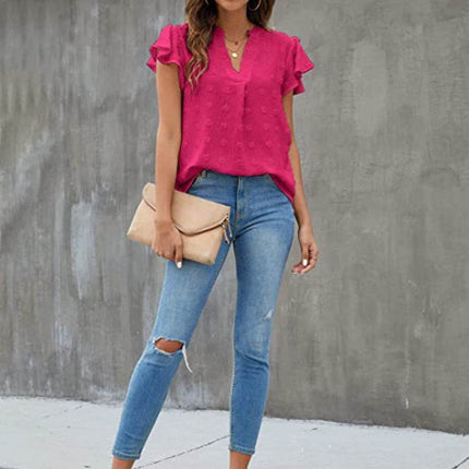 Swiss Dot Notched Cap Sleeve Blouse - MimiStylez