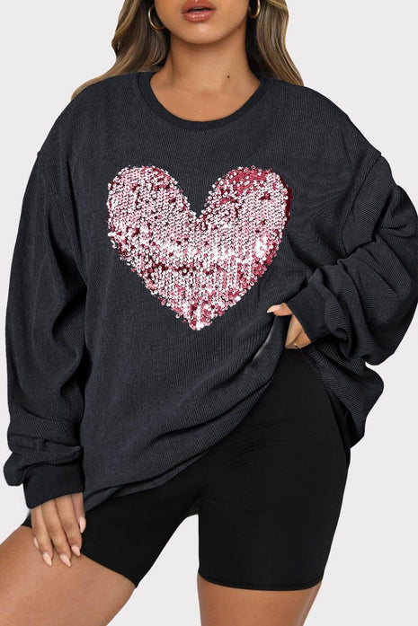 Plus Size Heart Sequin Round Neck Sweatshirt - MimiStylez