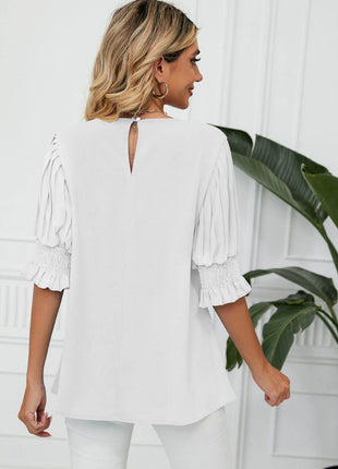 Pleated Flounce Sleeve Keyhole Blouse - MimiStylez