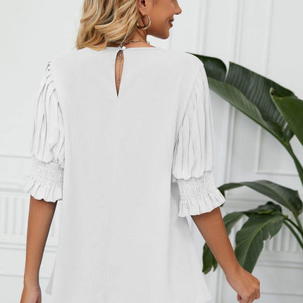 Pleated Flounce Sleeve Keyhole Blouse - MimiStylez