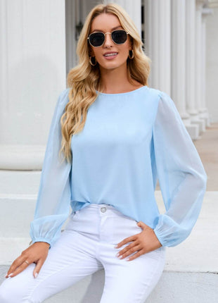 Round Neck Long Sleeve Blouse - MimiStylez