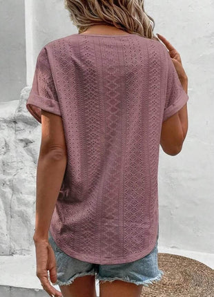 Eyelet V-Neck Short Sleeve Blouse - MimiStylez