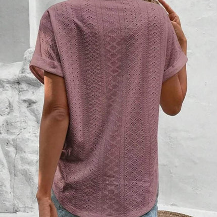 Eyelet V-Neck Short Sleeve Blouse - MimiStylez