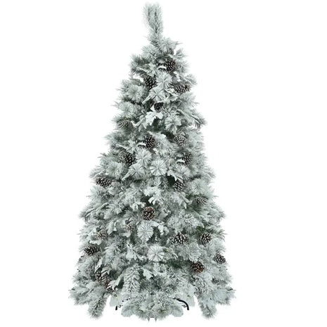 6FT Pre-Lit Spruce Snow Flocked Christmas Tree With Pine Cones, Artificial Xmas Tree With 403 Branch Tips, 250 Multi-Color LED Lights, 11 Flashing Modes