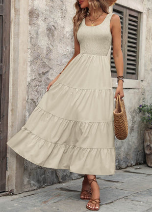 Smocked Scoop Neck Sleeveless Tank Dress - MimiStylez