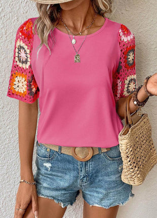 Geometric Round Neck Short Sleeve Blouse - MimiStylez