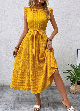 Tied Ruffled Cap Sleeve Midi Dress - MimiStylez