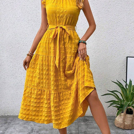 Tied Ruffled Cap Sleeve Midi Dress - MimiStylez